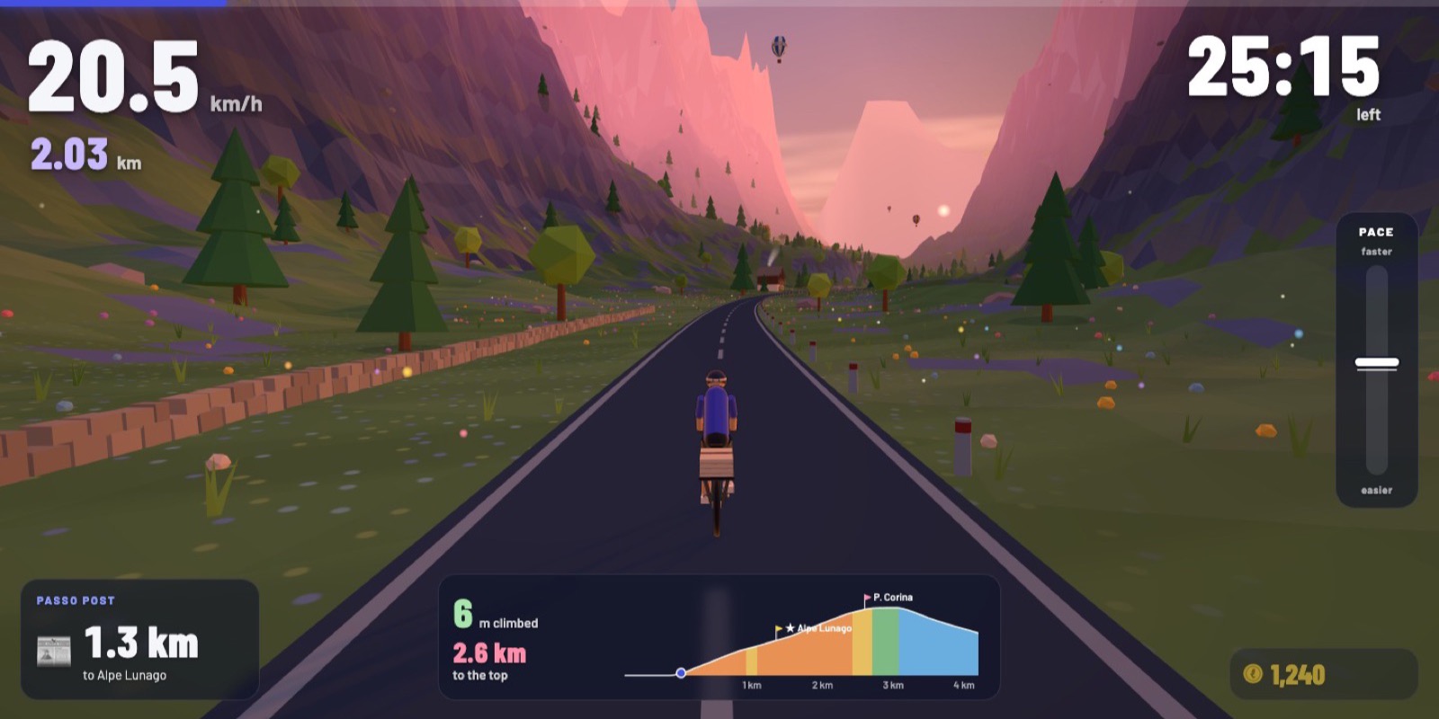 The Passo ride screen showing speed, time left, a map, the climb ahead and a parcel to deliver